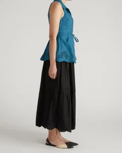 Adelaide Embroidered Sleeveless Linen Blend Shirt Ink Blue