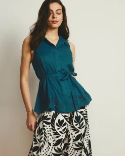 Adelaide Embroidered Sleeveless Linen Blend Shirt Ink Blue