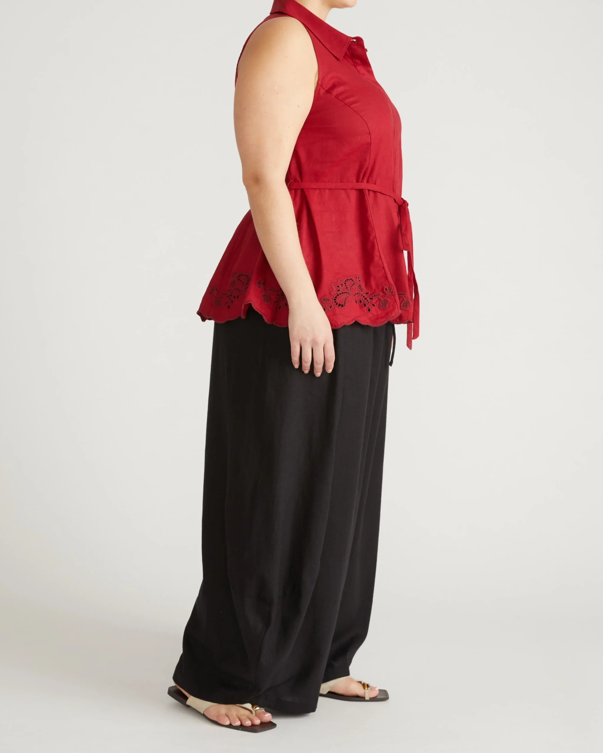Adelaide Embroidered Sleeveless Linen Blend Shirt Vibrant Red