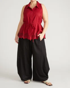 Adelaide Embroidered Sleeveless Linen Blend Shirt Vibrant Red
