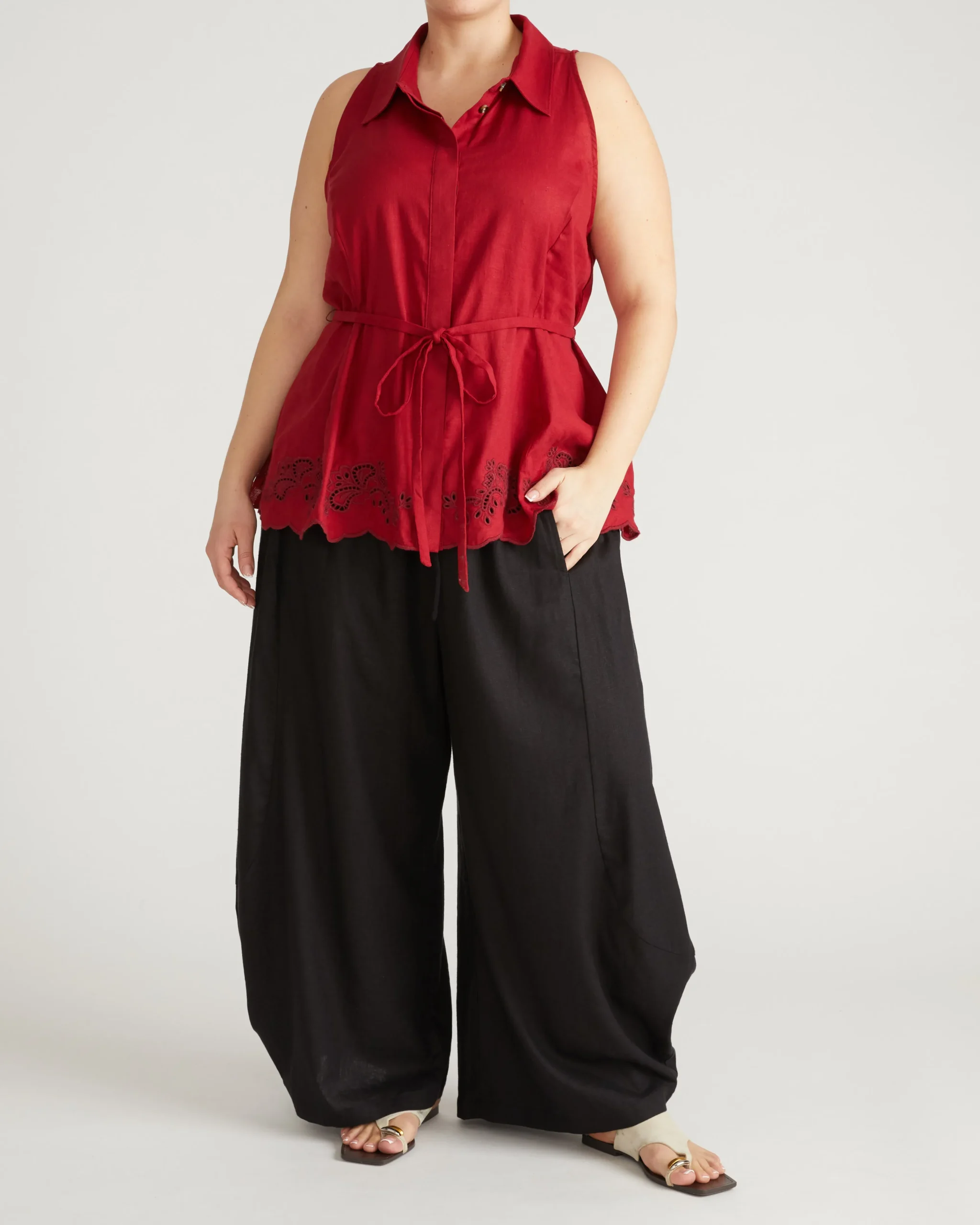Adelaide Embroidered Sleeveless Linen Blend Shirt Vibrant Red