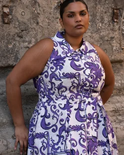 Adelaide Linen Blend Shirtdress Purple Majolica Print