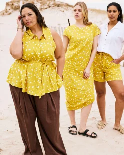 Adelaide Sleeveless Linen Blend Shirt Yellow Confetti Print