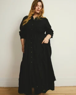 Alix Embroidered Linen Blend Shirtdress Black