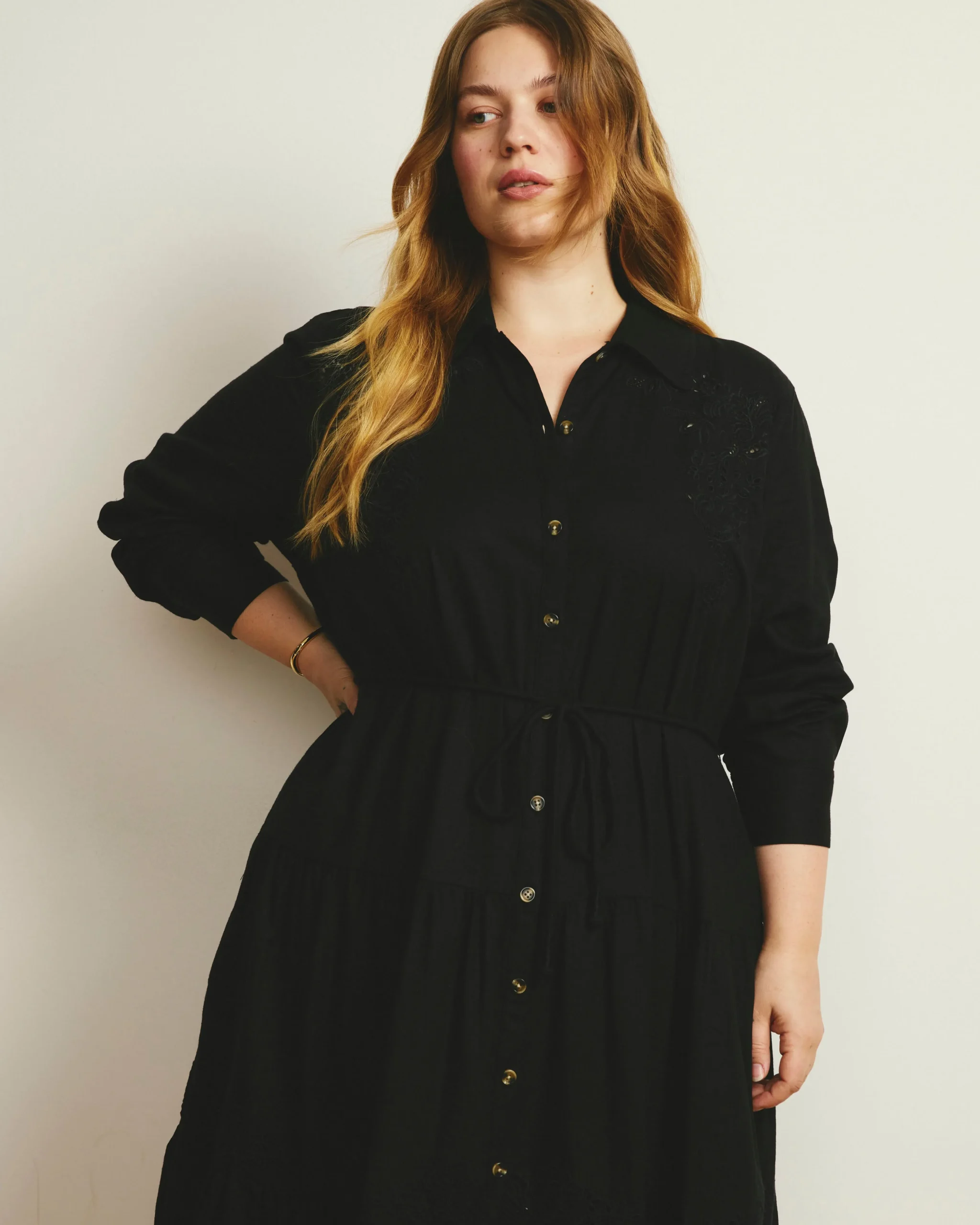 Alix Embroidered Linen Blend Shirtdress Black