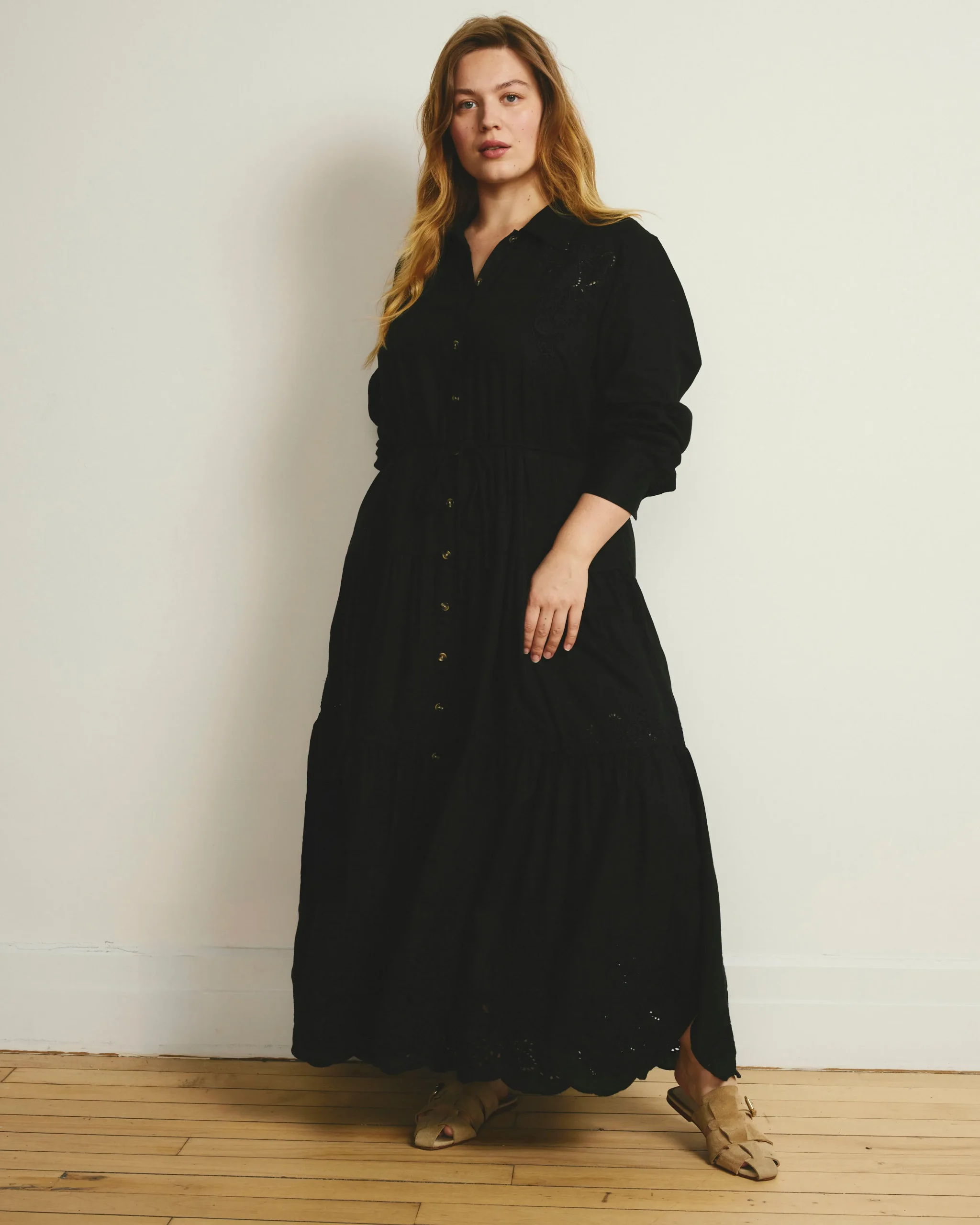 Alix Embroidered Linen Blend Shirtdress Black