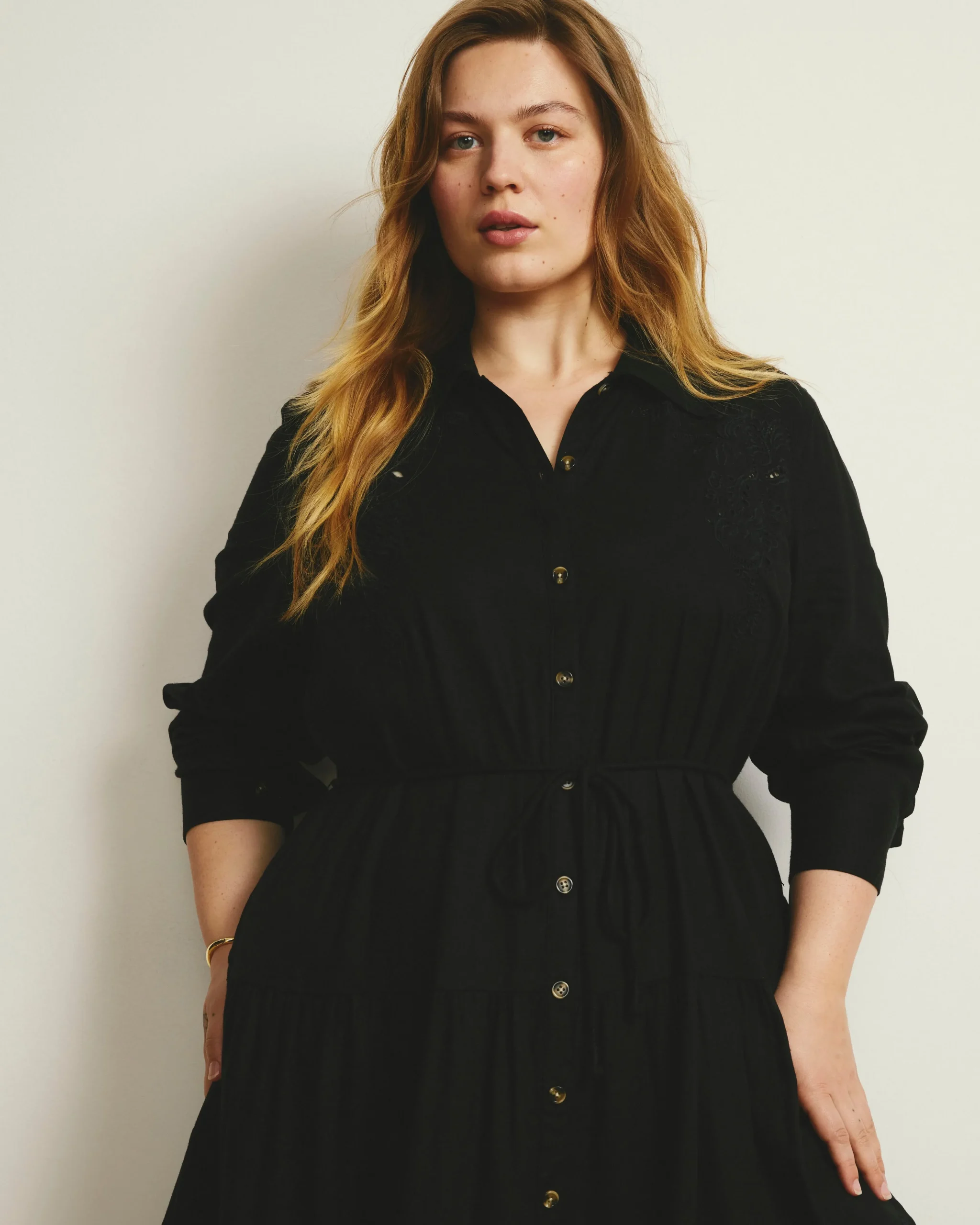Alix Embroidered Linen Blend Shirtdress Black