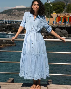 Alix Embroidered Linen Blend Shirtdress Cielo Blue