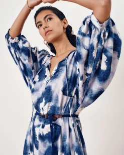 Amparo Linen Blend Dress Blue Pressed Flower Print