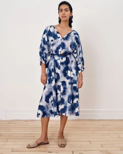 Amparo Linen Blend Dress Blue Pressed Flower Print