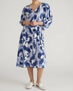 Amparo Linen Blend Dress Blue Pressed Flower Print
