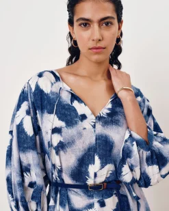 Amparo Linen Blend Dress Blue Pressed Flower Print