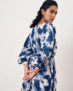 Amparo Linen Blend Dress Blue Pressed Flower Print