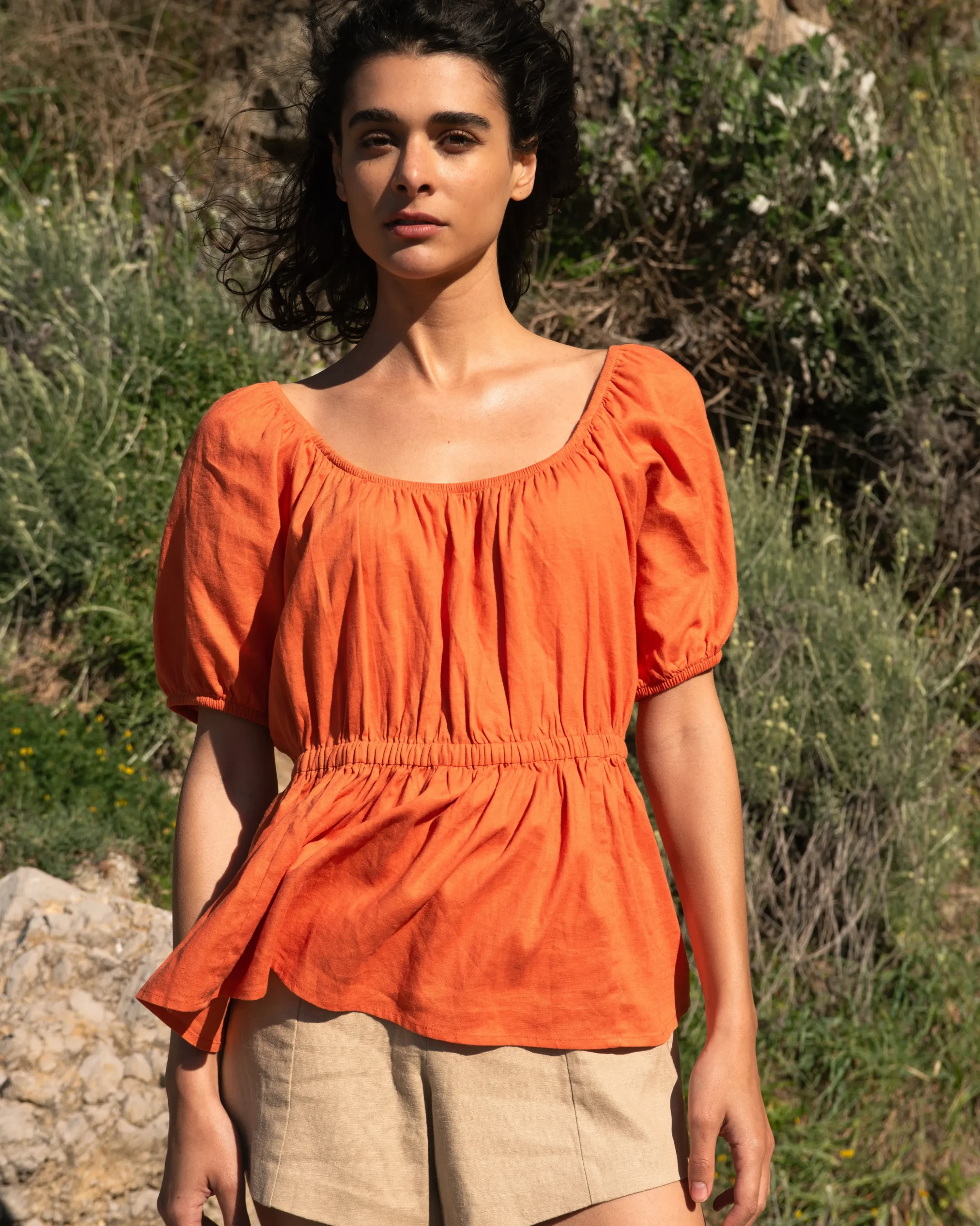 Andrea Peplum Linen Blend Top Italian Orange