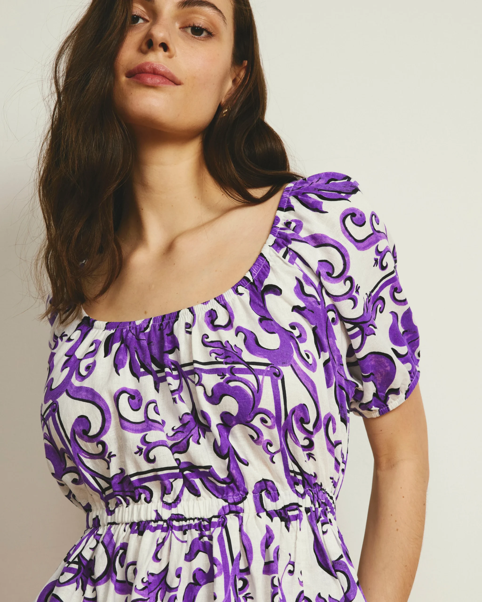 Andrea Peplum Linen Blend Top Purple Majolica Print