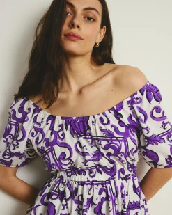 Andrea Peplum Linen Blend Top Purple Majolica Print