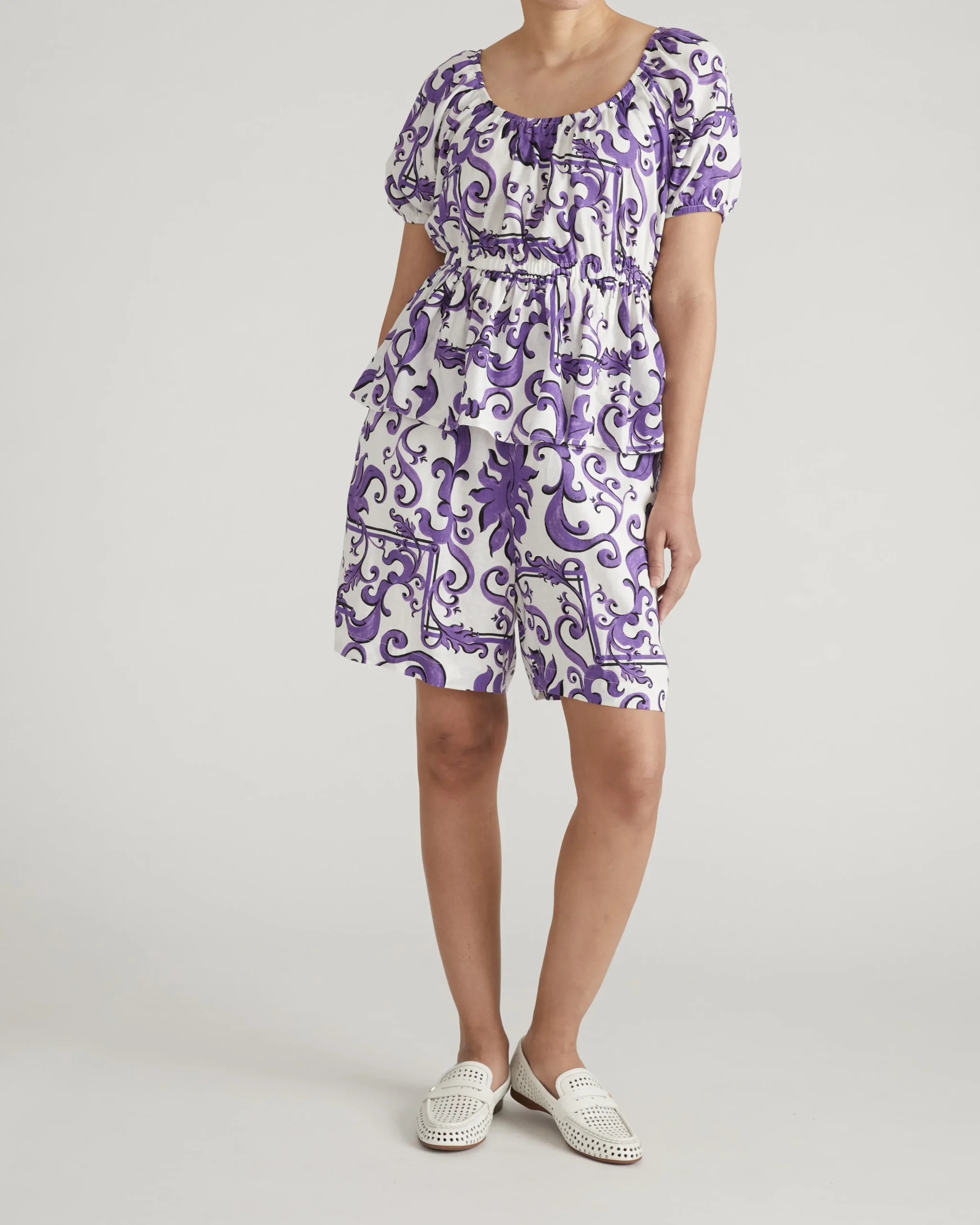 Andrea Peplum Linen Blend Top Purple Majolica Print