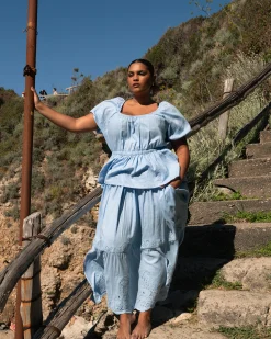 Andrea Peplum Linen Blend Top Cielo Blue