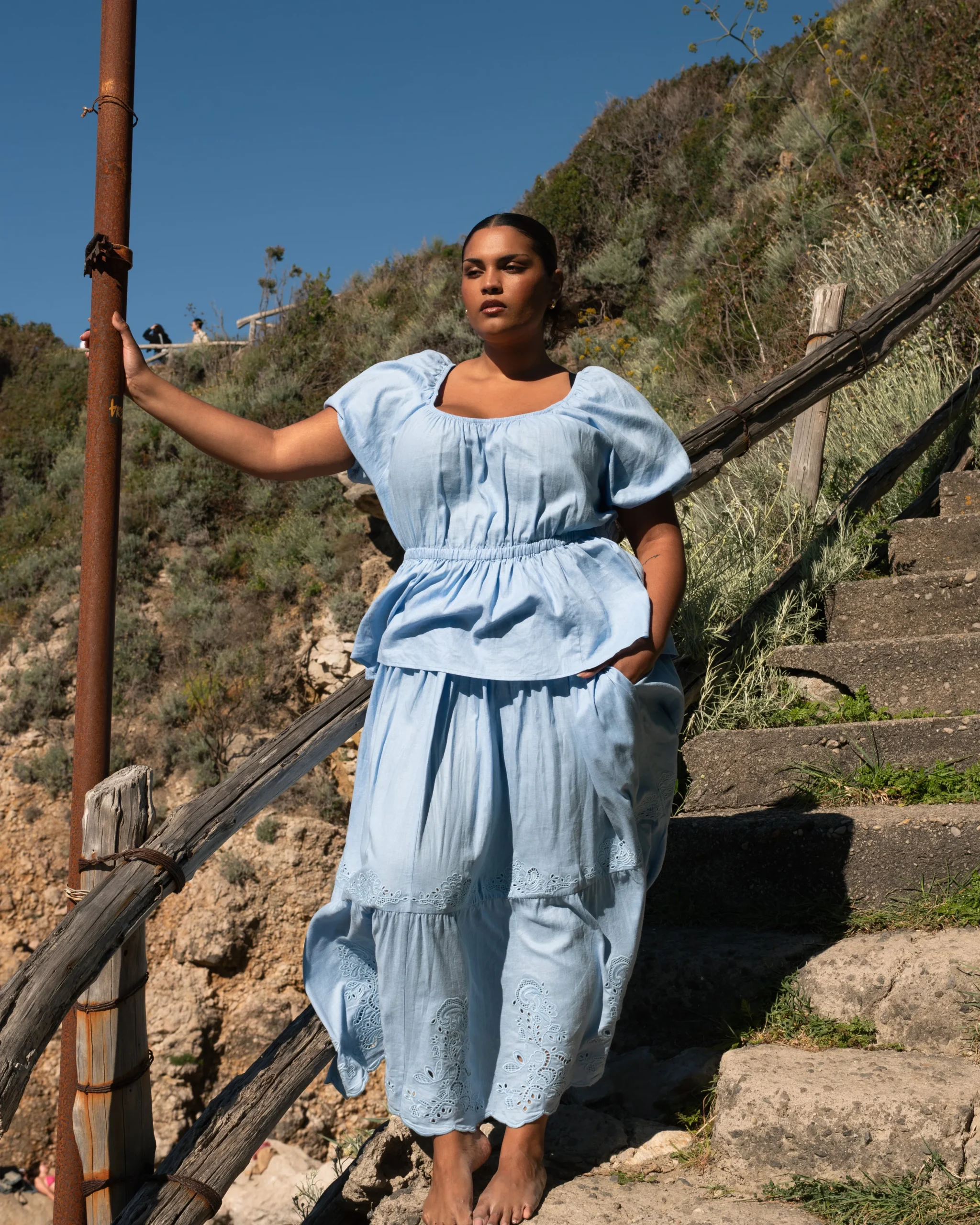 Andrea Peplum Linen Blend Top Cielo Blue
