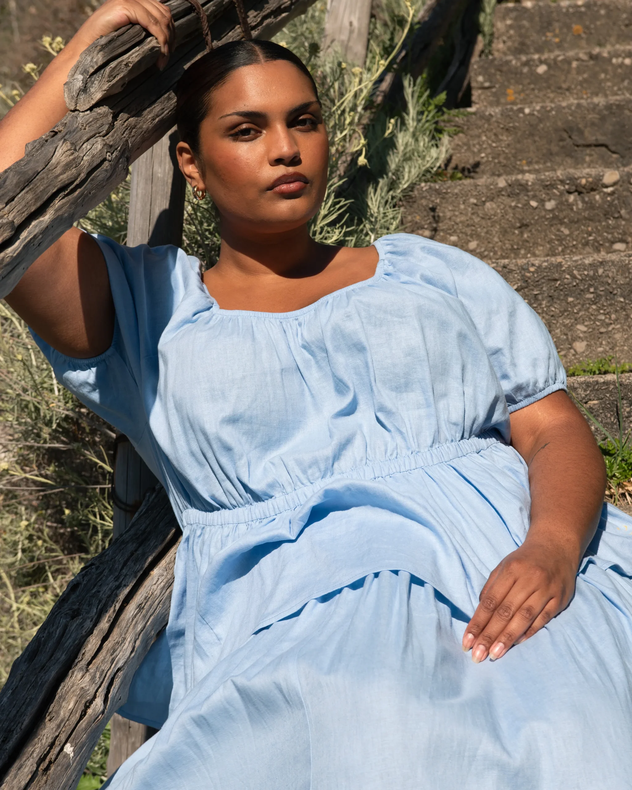 Andrea Peplum Linen Blend Top Cielo Blue