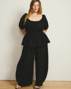 Andrea Peplum Linen Blend Top Black
