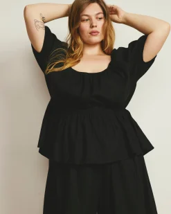 Andrea Peplum Linen Blend Top Black