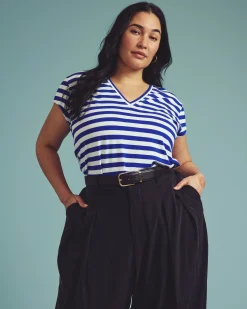 Ashley V Neck Cap Sleeve Tee Hammersmith Blue/White Stripe
