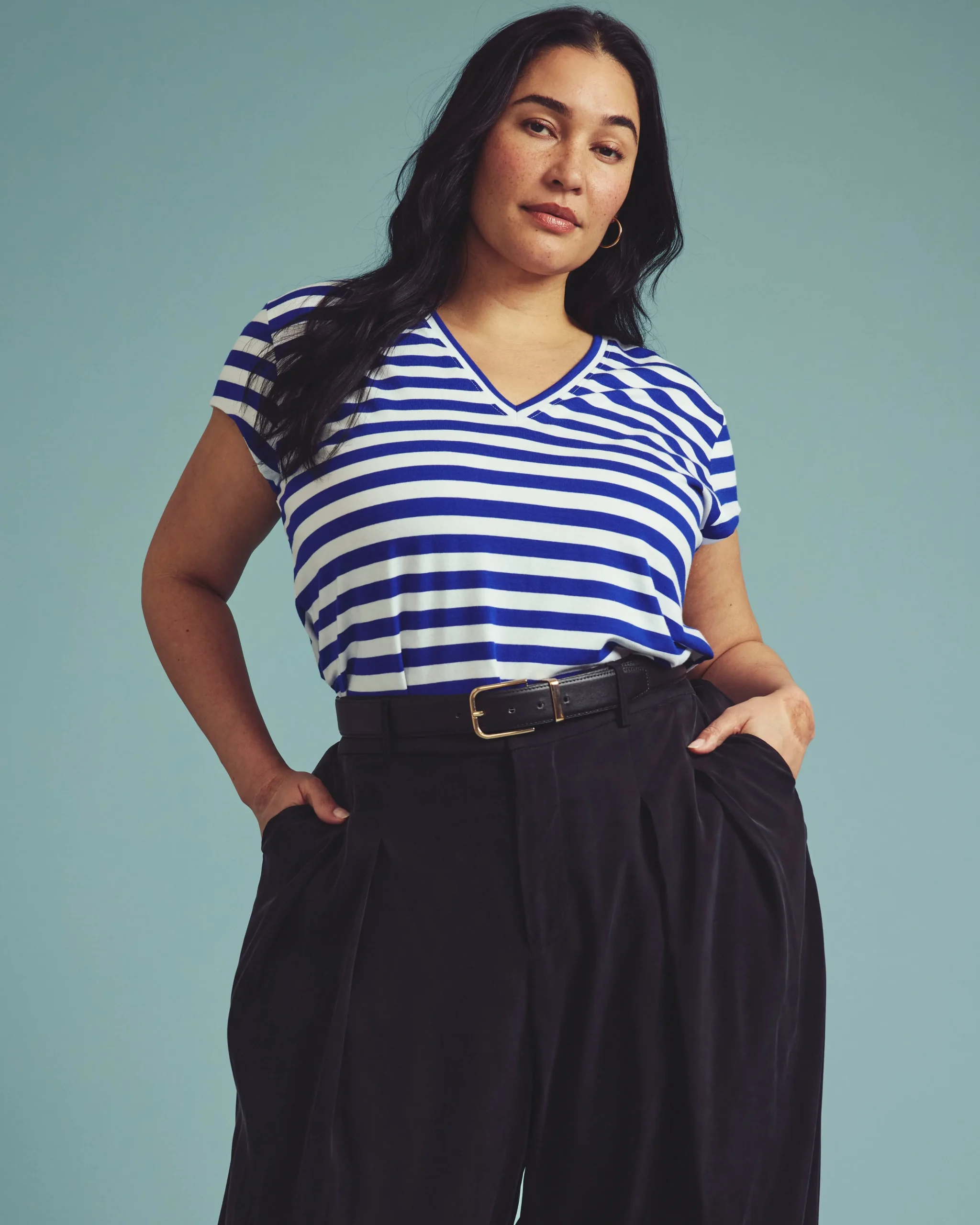 Ashley V Neck Cap Sleeve Tee Hammersmith Blue/White Stripe