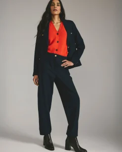 Audrey Relaxed Uniform Ponte Workpant Navy with Gold Buttons