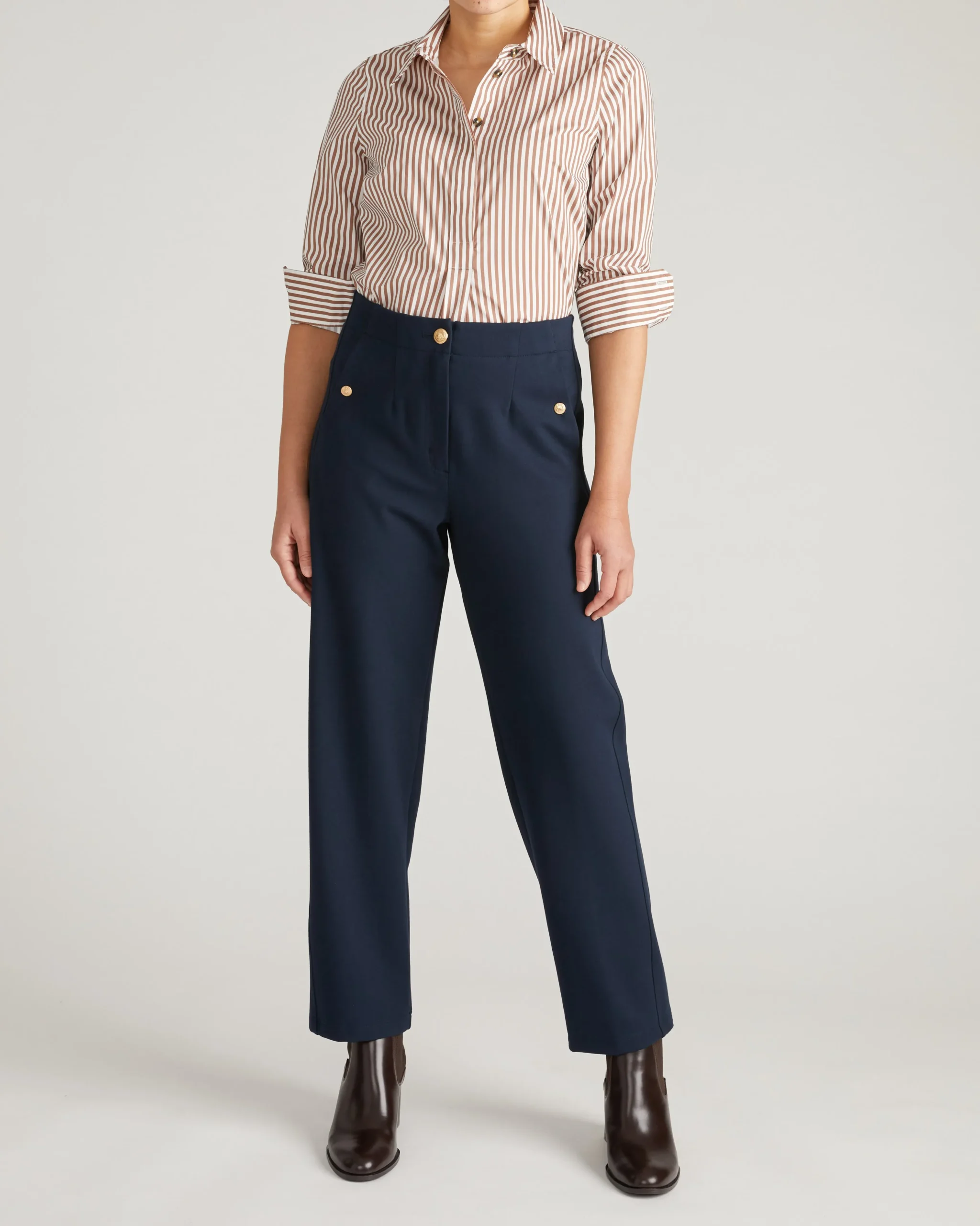 Audrey Relaxed Uniform Ponte Workpant Navy with Gold Buttons