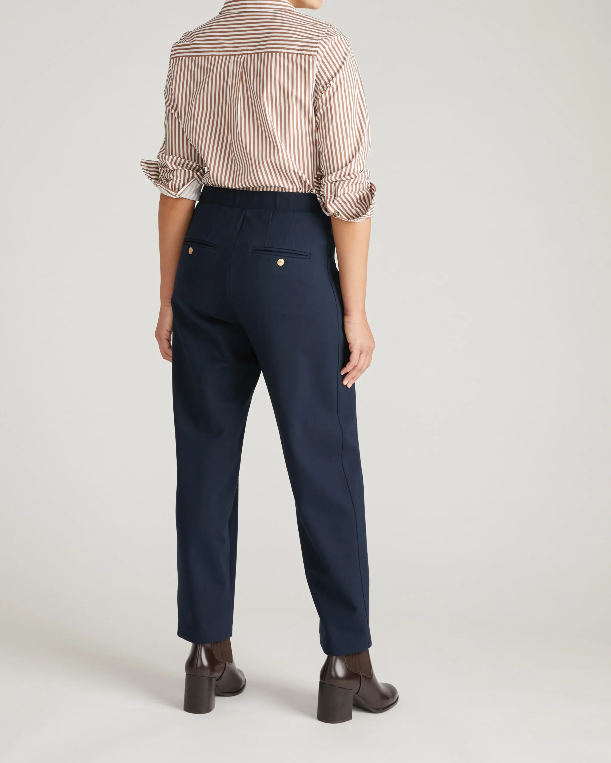 Audrey Relaxed Uniform Ponte Workpant Navy with Gold Buttons