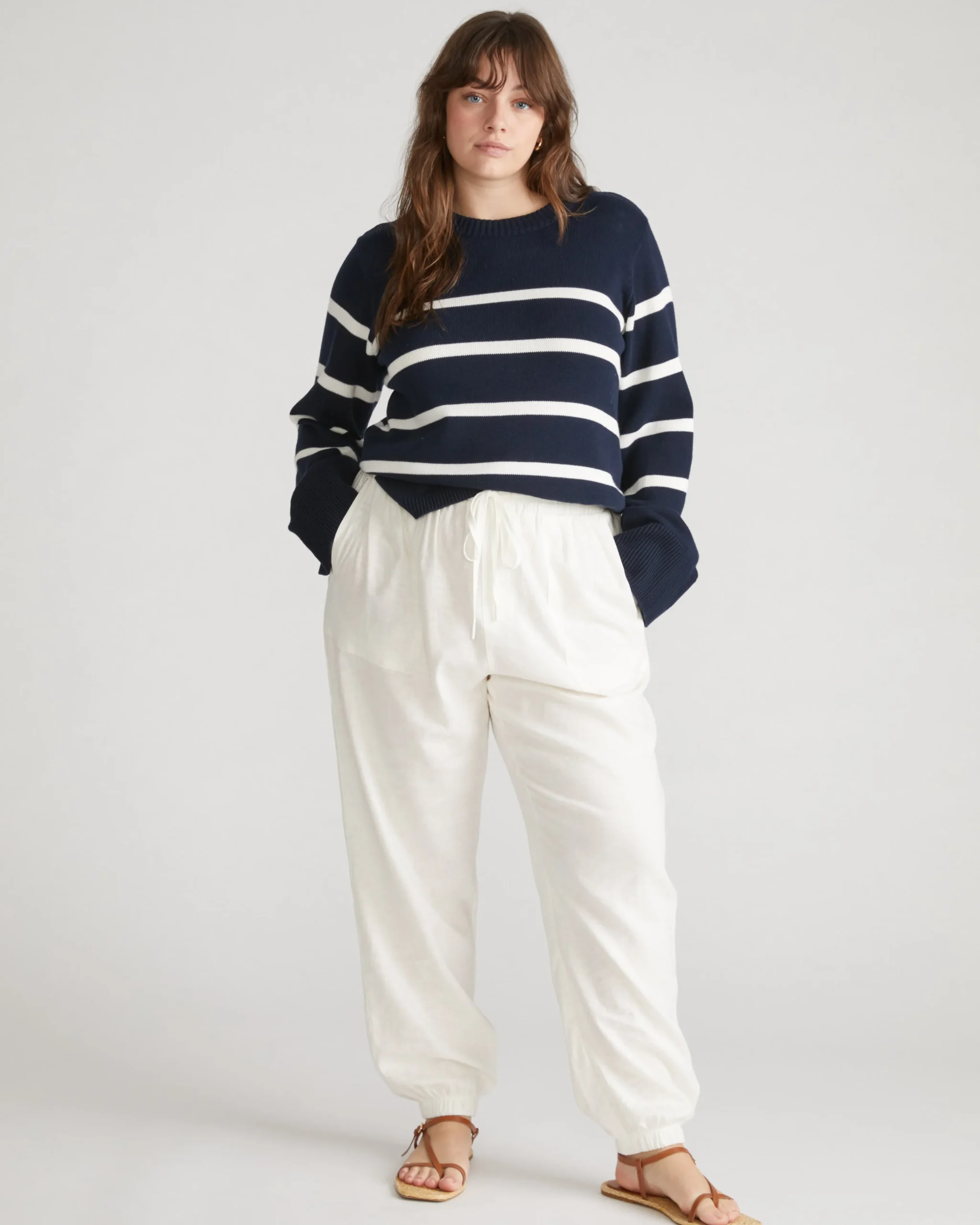 Bardot Wide Sleeve Cotton Sweater Navy/White