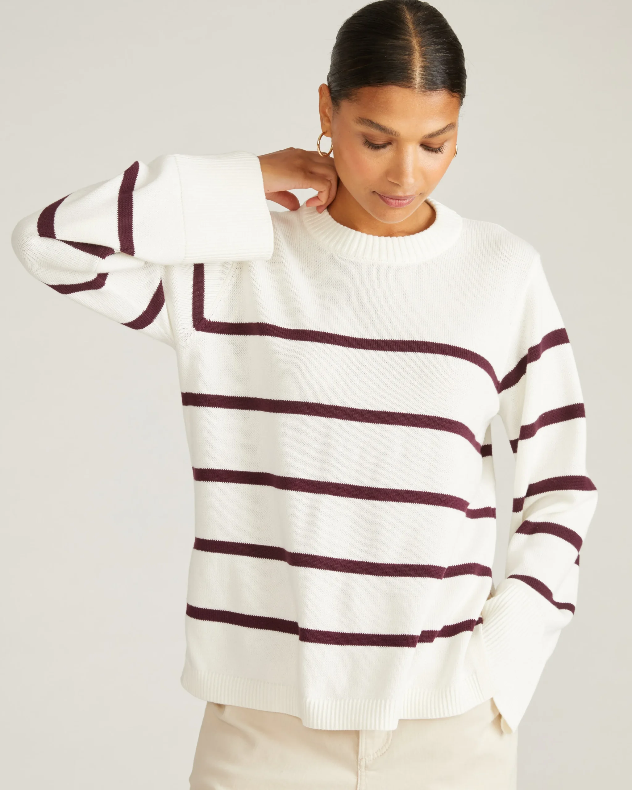 Bardot Wide Sleeve Cotton Sweater Cream/Acai Stripe
