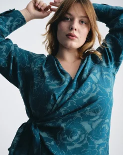 Beacon Stretch Cupro Wrap Shirt Rose Print in Deep Teal