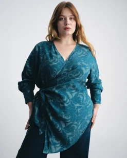 Beacon Stretch Cupro Wrap Shirt Rose Print in Deep Teal