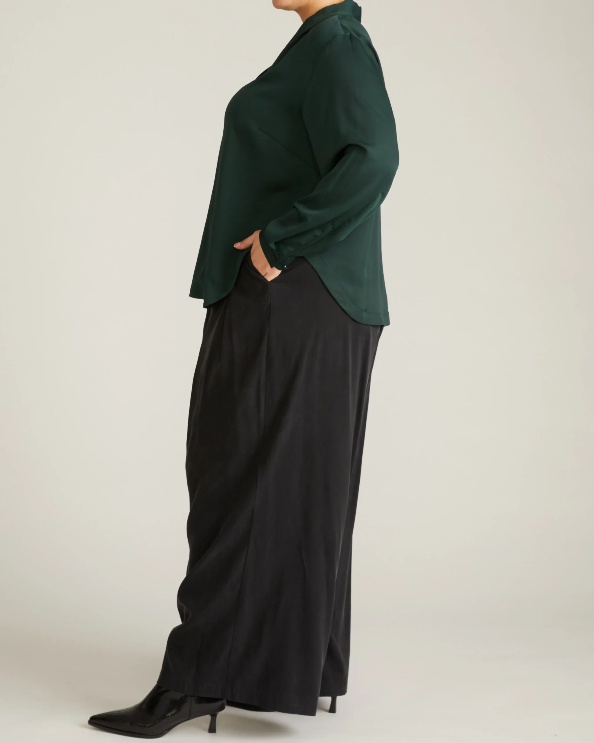 Beatrice Soft Satin Long Sleeve Top Forest Green
