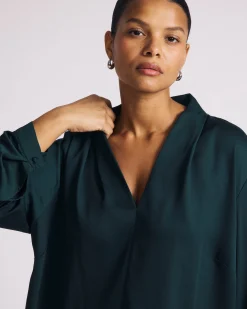 Beatrice Soft Satin Long Sleeve Top Forest Green