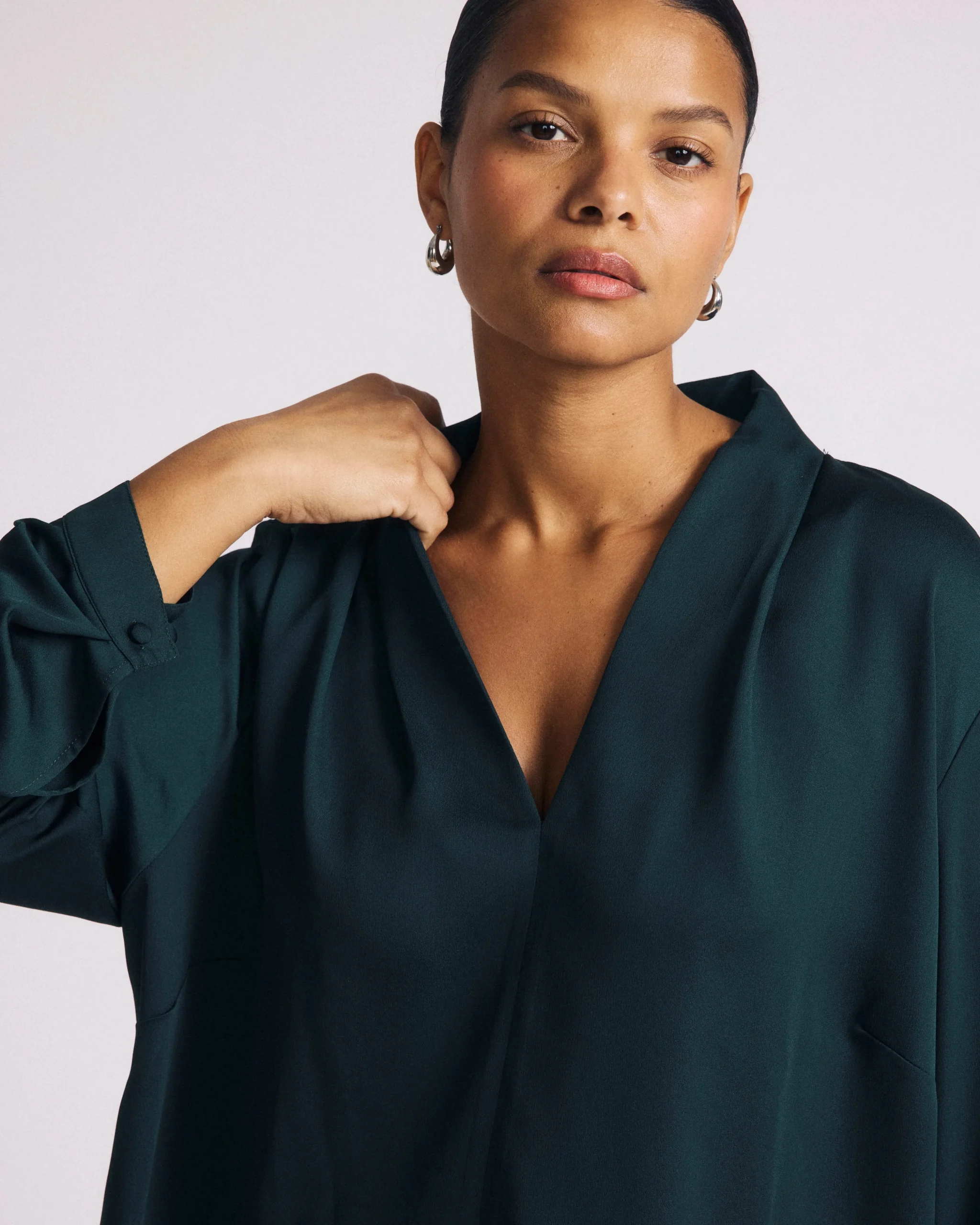 Beatrice Soft Satin Long Sleeve Top Forest Green
