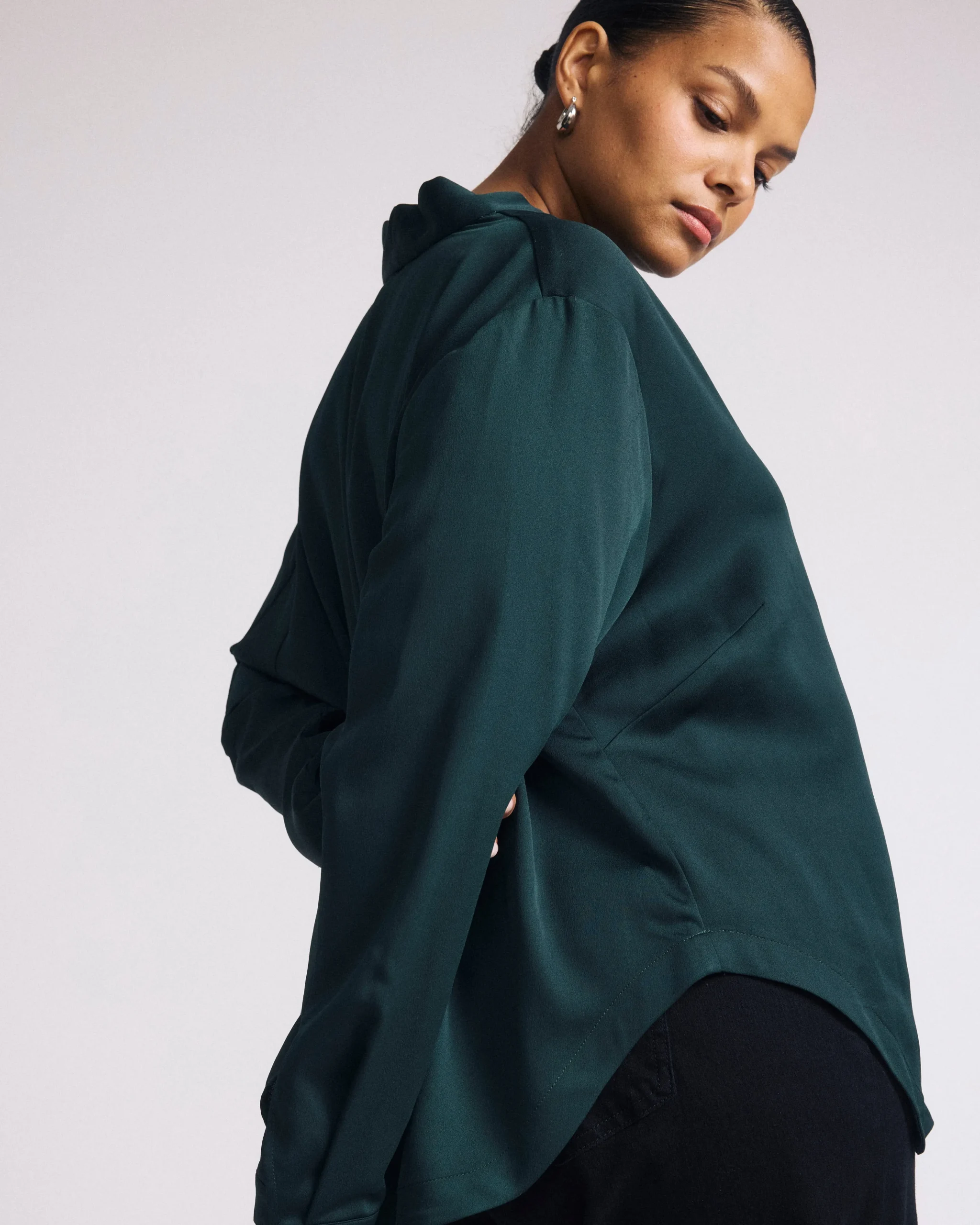 Beatrice Soft Satin Long Sleeve Top Forest Green