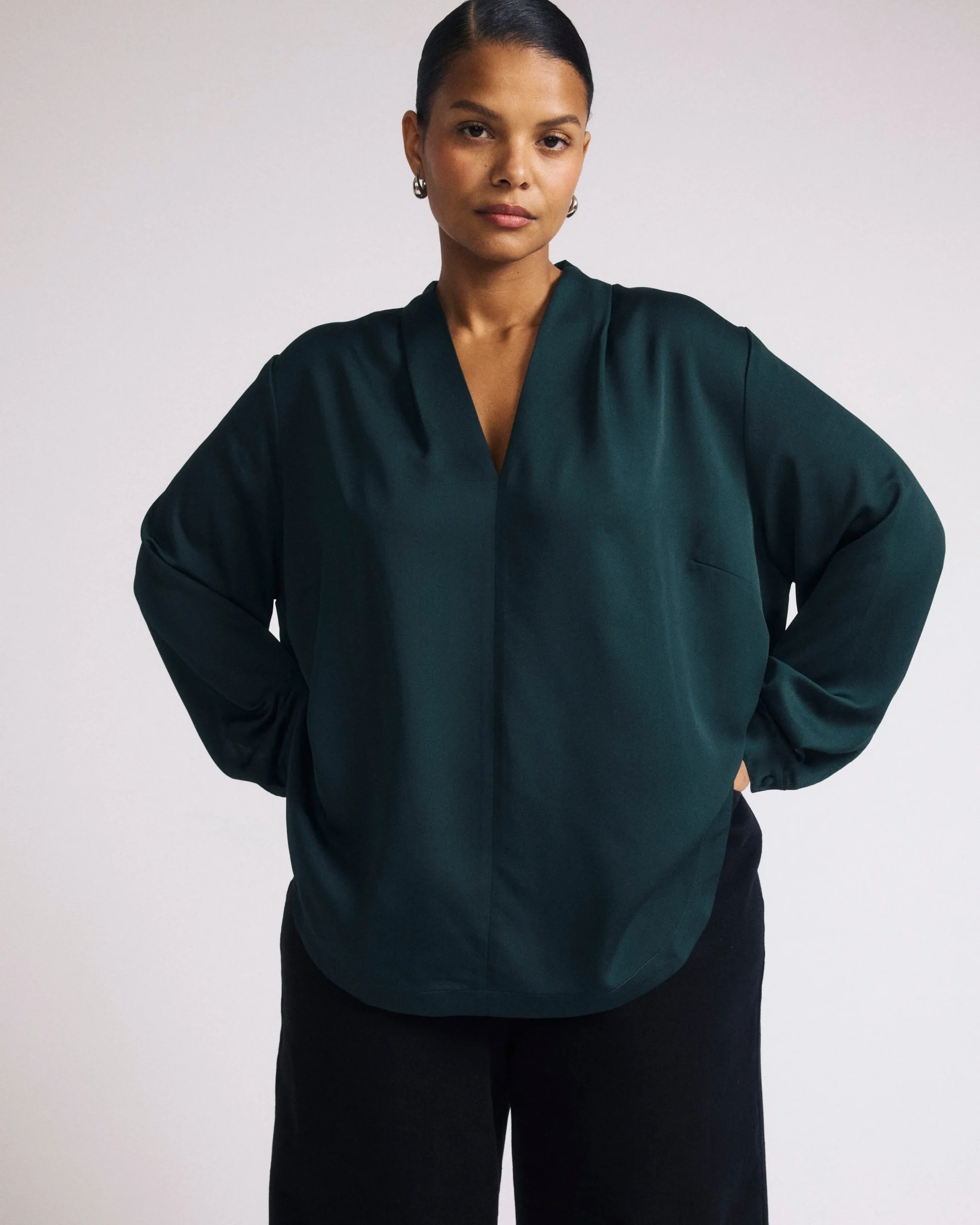 Beatrice Soft Satin Long Sleeve Top Forest Green