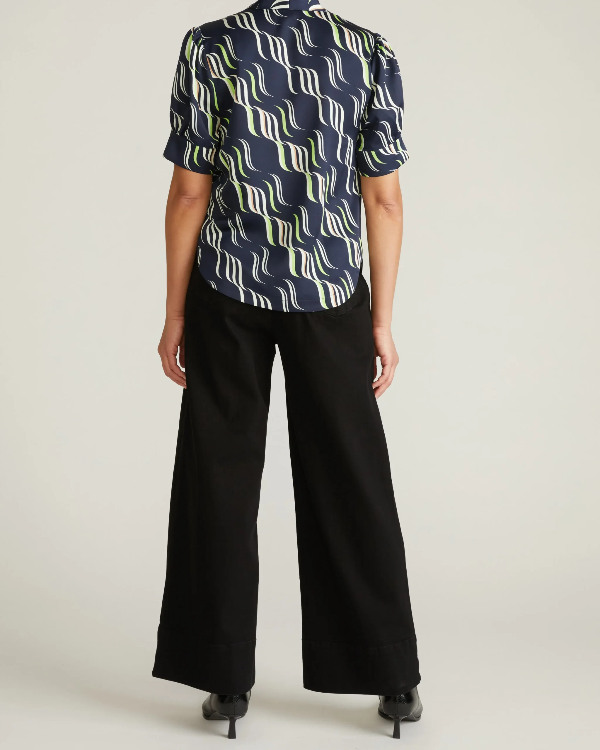 Beatrice Soft Satin Short Sleeve Top Paddington Ribbon Print
