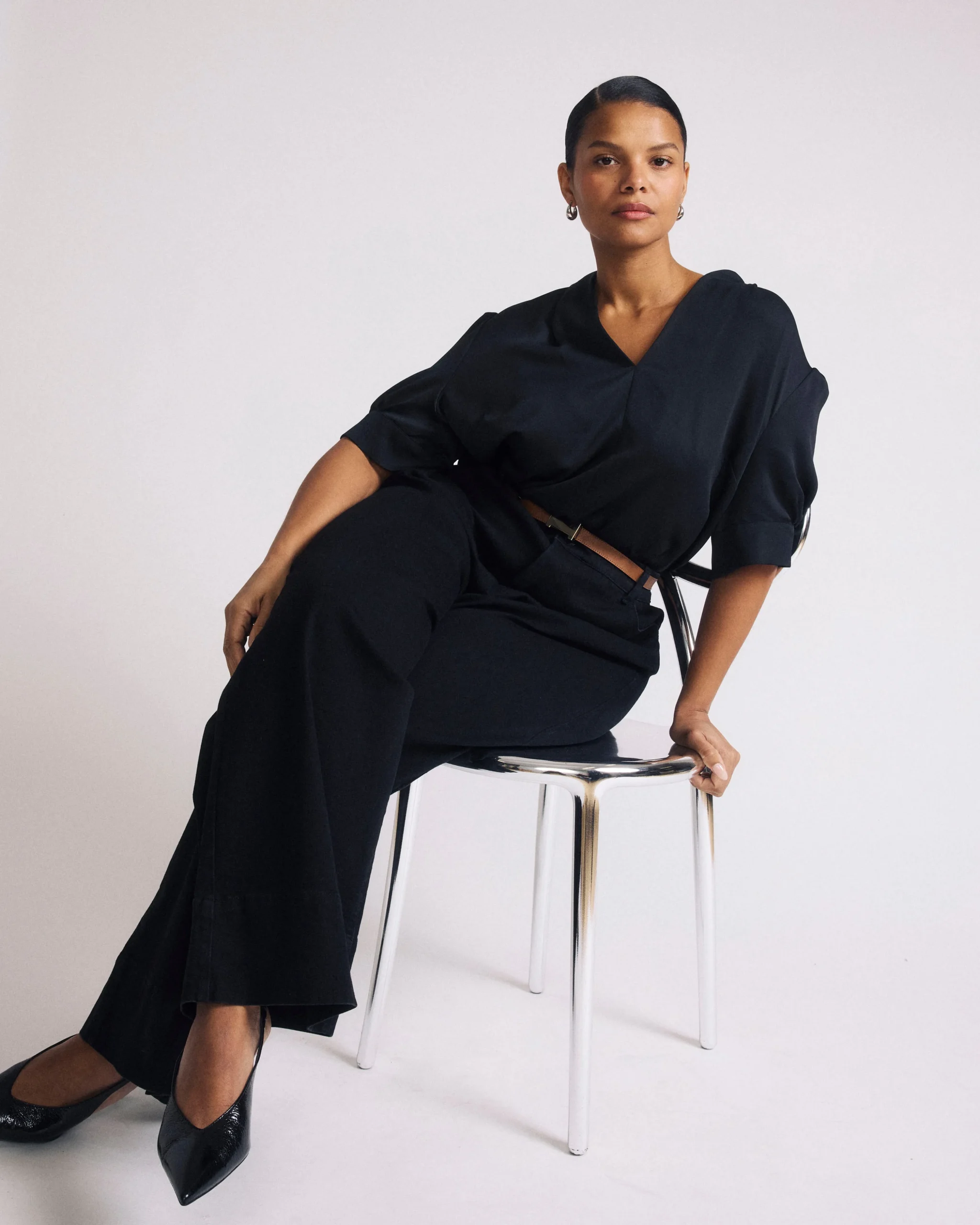 Beatrice Soft Satin Short Sleeve Top Black