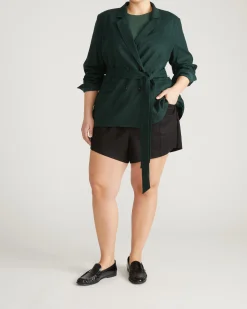 Belted Double Breasted Linen Blend Blazer Forest Green