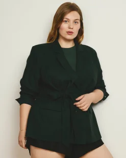 Belted Double Breasted Linen Blend Blazer Forest Green