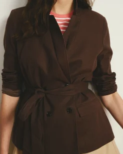 Belted Double Breasted Linen Blend Blazer Sophisticated Brown