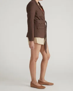 Belted Double Breasted Linen Blend Blazer Sophisticated Brown