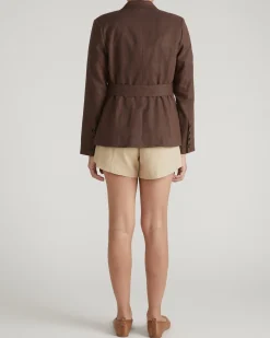 Belted Double Breasted Linen Blend Blazer Sophisticated Brown