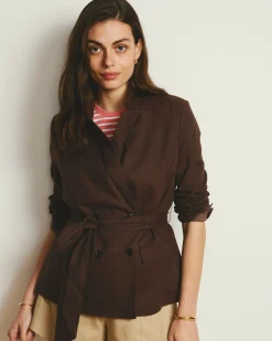 Belted Double Breasted Linen Blend Blazer Sophisticated Brown