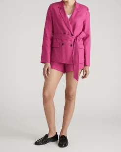 Belted Double Breasted Linen Blend Blazer Hyper Pink