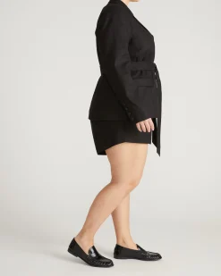 Belted Double Breasted Linen Blend Blazer Black